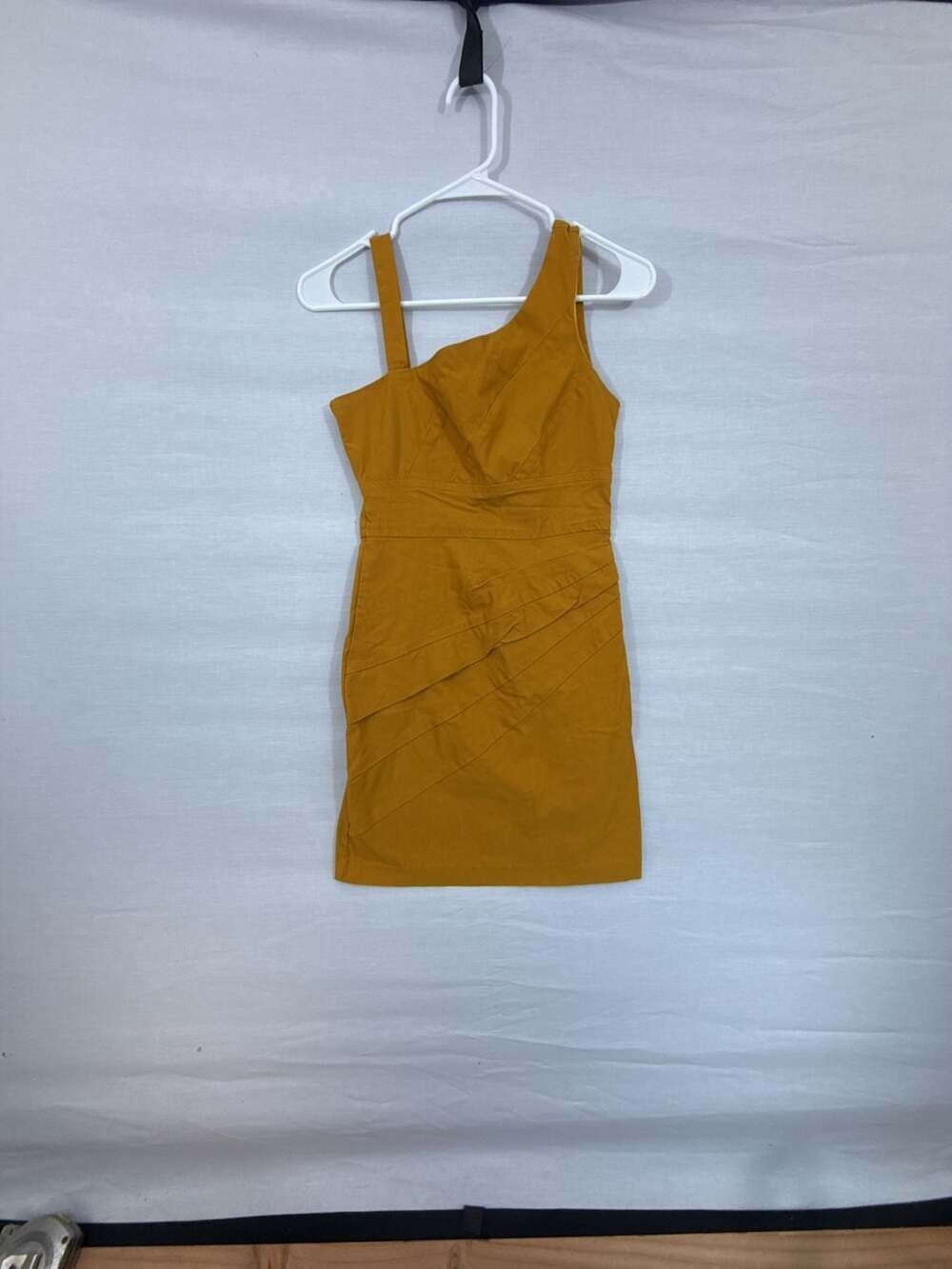 Teeze Me Mustard Yellow One-Shoulder Pleated Bodycon Mini Dress